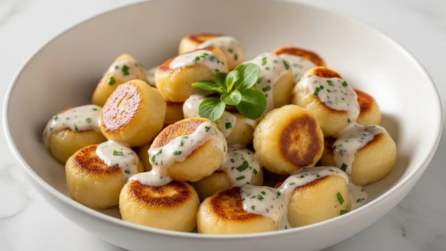 A white bowl filled with a serving of gnocchi, each piece golden with a soft texture and some pieces having a light brown sear on top. The gnocchi are coated in a creamy white sauce speckled with chopped green herbs. A small green herb garnish is placed in the middle of the dish. The bowl sits on a white marbled surface with soft light highlighting the glossy sauce and textured gnocchi. Photo taken with an iphone --ar 4:5 --v 7