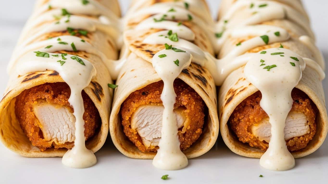 The image shows two rolled crepes placed side by side on a white marbled surface. Each crepe has a thin, golden-brown, slightly charred outer layer with visible grill marks. Inside, there is a thick, creamy, light beige sauce with tiny dark specks, likely spices, generously coating and oozing out from the ends of the crepes. The sauce drips down smoothly, creating a rich and indulgent appearance. Photo taken with an iphone --ar 4:5 --v 7