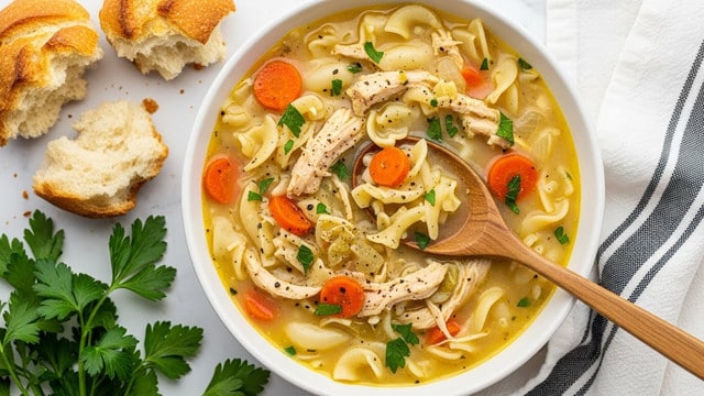 A white bowl filled with thick chicken noodle soup, showing layers of creamy light yellow broth mixed with soft white and orange chunks of noodles, shredded chicken, and carrot pieces, sprinkled with green parsley and black pepper. A wooden spoon rests inside the bowl, partly covered with the soup displaying the same ingredients. Around the bowl, torn pieces of crusty golden brown bread lie on a white marbled surface next to green parsley sprigs and a white cloth with black stripes. Photo taken with an iphone --ar 4:5 --v 7