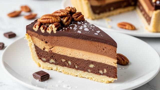 A slice of pie with three clear layers sits on a white plate over a white marbled surface. The bottom layer is a light tan crust, crisp and slightly crumbly. Above that is a thick, dense dark brown filling mixed with small bits of pecans. The top layer is a smooth, glossy chocolate ganache, rich and shiny, topped with whole and chopped pecans and a sprinkle of coarse sea salt. A few dark chocolate pieces and salt grains are scattered around the plate. photo taken with an iphone --ar 4:5 --v 7