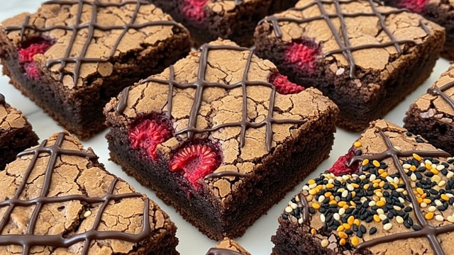 The image shows several square-shaped brownies with a cracked top layer that has a dry, light brown texture and dark chocolate swirls running across it. Within the soft, dense chocolate base layer, there are bright red raspberry pieces scattered in some brownies. The surface of the brownies also has small clusters of shiny, black and orange seeds, adding a textured look. The brownies are closely arranged on a white marbled surface. photo taken with an iphone --ar 4:5 --v 7