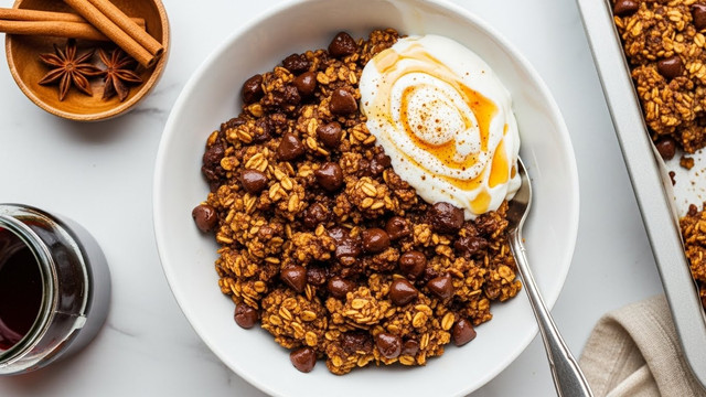 A white bowl filled with a warm mix of baked oats and melted chocolate chips, showing a rough, chunky texture in golden brown and dark brown shades. On top towards the right side, there is a dollop of white creamy yogurt swirled with light amber syrup and a light sprinkle of brown spice. A spoon is placed inside the bowl on the right edge, partially buried in the oats. The bowl sits on a white marbled surface with a small wooden bowl holding two cinnamon sticks and star anise on the upper left side, and part of a light gray baking pan with baked oats visible on the right. The scene includes a jar of dark syrup on the lower left, enhancing the warm and cozy feel. Photo taken with an iphone --ar 4:5 --v 7