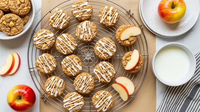 A round silver wire cooling rack holds about twenty oatmeal cookies with small chunks of apple mixed in, each cookie lightly drizzled with white icing on top, showing a slightly rough texture and light brown color. Apple slices with red and yellow skin are casually placed around and on some cookies. Nearby, there is a white bowl filled with white milk and a speckled white plate with a red and yellow apple on it. Additional cookies are in a speckled white bowl at the top left, and a red and yellow apple sits on the white marbled surface at the bottom left of the scene. The whole setup is on a light brown paper with a striped cloth on the right edge. Photo taken with an iphone --ar 4:5 --v 7