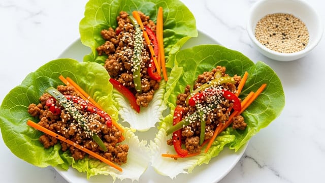 The image shows three fresh, bright green lettuce cups filled with a mixture of cooked ground meat, finely chopped orange and red bell peppers, and thin carrot strips, all topped with white and black sesame seeds. The lettuce leaves are crisp and slightly curled at the edges, serving as natural bowls that cradle the savory filling. The dish is placed on a white plate, which sits on a white marbled surface. To the right of the plate, there is a small white bowl filled with sesame seeds. The colors of the vibrant vegetables contrast well with the rich brown meat, creating an appetizing and fresh look. Photo taken with an iphone --ar 4:5 --v 7