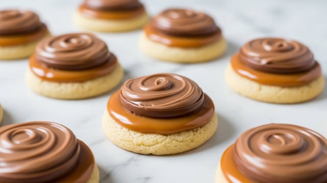 The image shows several round cookies arranged on a baking pan with a slightly rough texture. Each cookie has two layers: a bottom layer of pale, soft-looking cookie dough, topped with a shiny caramel layer in golden brown, and finishing with a smooth, creamy milk chocolate swirl in light brown on top. The cookies are evenly spaced, and the focus is on the cookie in the center while the others blur softly in the background. The whole setup sits on a white marbled texture. photo taken with an iphone --ar 4:5 --v 7