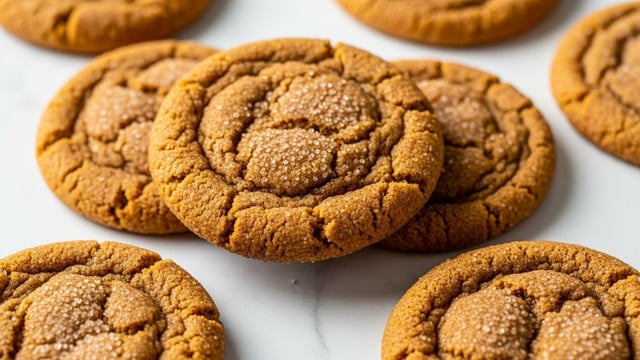The image shows a close-up of several round, soft cookies stacked and spread out on a white marbled surface. Each cookie has a golden brown color with a slightly crinkled texture and is sprinkled with a light layer of granulated sugar that catches the light. The cookies appear thick with visible edges that are a bit darker, giving them a warm, baked look. The sugar crystals add a sparkling effect on top, creating a contrast with the soft, matte surface of the cookies. Photo taken with an iphone --ar 4:5 --v 7