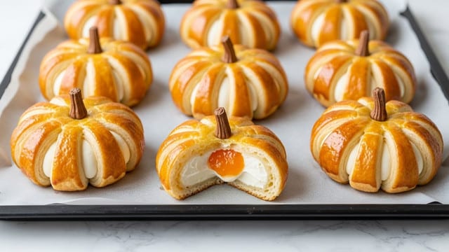 The image shows eight pumpkin-shaped pastries arranged on white baking paper on a black baking tray. Each pastry has shiny, golden-brown top layers with clear, puffed, ridged sections resembling pumpkin grooves. A small, brown stem piece sits in the center of each pastry, adding to the pumpkin look. One pastry in the front center is cut open, revealing a smooth, white cream filling topped with a small dollop of orange jam. The white marbled texture surface underneath the tray contrasts softly with the warm colors of the pastries. Photo taken with an iphone --ar 4:5 --v 7