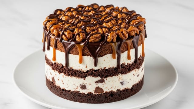 The image shows a tall, round dessert with three clear layers. The bottom layer is dark brown and looks like a crumbly crust. The middle layer is thick, creamy, and white with small chocolate bits inside. The top layer is covered fully with many large, chopped nuts, which are brown and uneven. Over the nut layer, there are thick drizzles of caramel and dark chocolate sauce dripping slightly down the sides. The dessert sits on a simple white plate, placed on a white marbled surface. Photo taken with an iphone --ar 4:5 --v 7