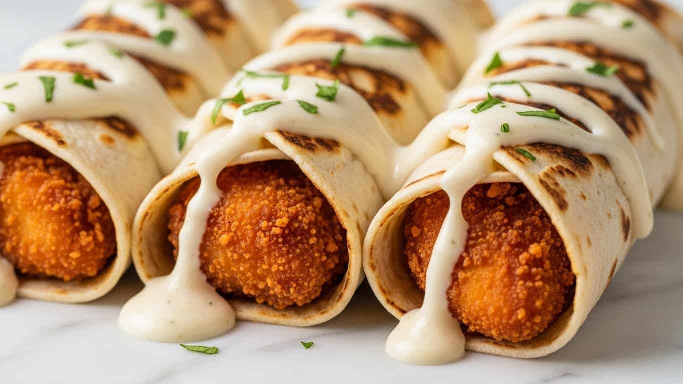 Three rolled tortillas with a golden-brown, slightly charred outer layer are tightly packed with crispy, browned pieces of chicken inside. Each roll is generously covered with a smooth, creamy white sauce that drips down and pools at the base, adding a rich texture contrast. The rolls are placed close together on a white marbled surface, with small green herbs sprinkled lightly over the top. The image is close-up, highlighting the textures and colors of the chicken, sauce, and tortillas. photo taken with an iphone --ar 4:5 --v 7