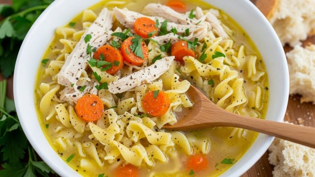 A white bowl filled with thick chicken noodle soup showing three main layers: the bottom layer of translucent yellow broth, the middle layer of soft yellow egg noodle pieces, and the top layer with shredded white chicken, small bright orange carrot cubes, and finely chopped green parsley sprinkled all over. The soup has a slightly creamy texture with visible flecks of black pepper on the surface. A wooden spoon rests inside the bowl, scooping some soup with noodles and carrots. The bowl is set on a wooden surface with fresh green parsley and torn pieces of light brown crusty bread around it. photo taken with an iphone --ar 4:5 --v 7