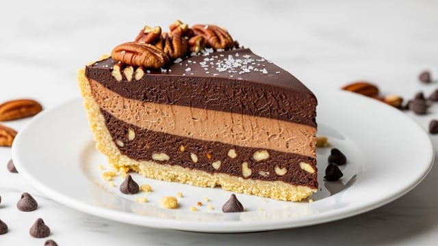 A slice of pie with three distinct layers sits on a white plate on a white marbled surface. The bottom layer is a pale, crumbly crust that supports a thick, dark brown filling mixed with small nut pieces, giving it a textured look. Above this is a smooth, glossy dark chocolate layer that looks rich and creamy, slightly melting over the edges. The top is decorated with whole pecans and a light sprinkle of coarse salt. Scattered chocolate chips and crumbs lie around the plate's edge. Photo taken with an iphone --ar 4:5 --v 7