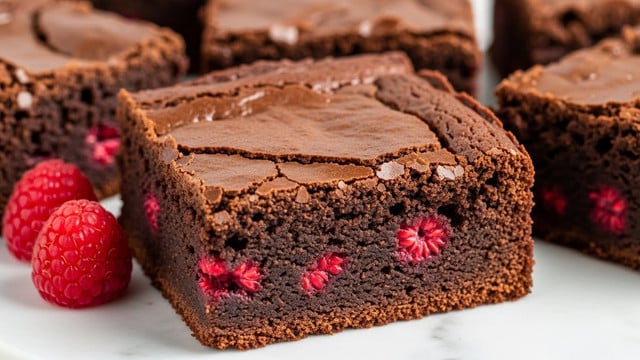 A close-up of a thick, square piece of dark chocolate brownie with a cracked, shiny top layer showing a smooth, slightly glossy texture. Inside, the dense, moist brownie has scattered pieces of red raspberry mixed throughout, visible as small bright red spots. Around the brownie are more cut squares, all resting on a white marbled surface, with a fresh red raspberry placed near the front. The overall look is rich and moist, with a soft interior and a light crust on top. photo taken with an iphone --ar 4:5 --v 7