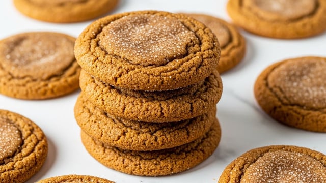 The image shows a close-up of soft brown cookies with a slightly crinkled top layer covered with a light sprinkle of sugar crystals that sparkle in the light. Four cookies are stacked in the center, revealing their thick and moist inside that looks dense and chewy with a uniform brown texture. Around the stack, several whole cookies lay flat on a white marbled texture surface, showing their round shape and slightly rough edges. photo taken with an iphone --ar 4:5 --v 7