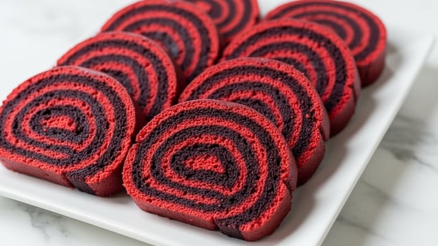 The image shows several slices of swirled bread arranged in a neat stack on a white rectangular plate. Each slice has multiple layers with a mix of deep red, dark brown, and light beige colors creating a beautiful spiral pattern, giving it a textured look with soft and dense bread layers intertwined with smoother filling layers. The plate sits on a white marbled texture surface. photo taken with an iphone --ar 4:5 --v 7