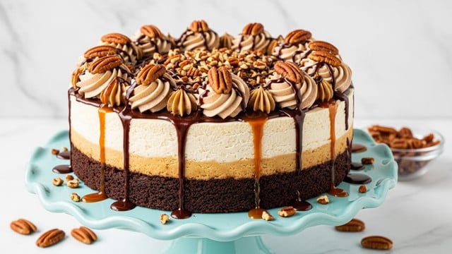A rich dessert with three clear layers: a thick, dark brown, fudgy brownie base at the bottom, a smooth, creamy white cheesecake layer in the middle, and a topping layer made of swirled light brown frosting decorated with whole pecans. The top is also covered with chopped nuts and drizzled with chocolate and caramel sauces. The cake is placed on a light blue cake stand with a ruffled edge, surrounded by scattered pecans and a small glass bowl with more pecans. The background is a white marbled texture. Photo taken with an iphone --ar 4:5 --v 7