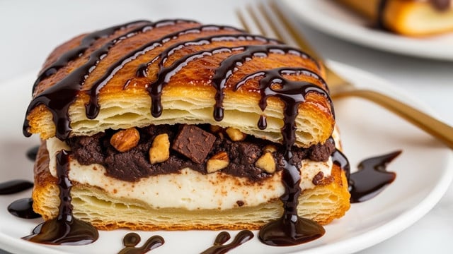 A close-up of a flaky, golden-brown pastry with a shiny, caramelized top layer that is drizzled with thick, dark chocolate sauce. Inside, the pastry reveals two main layers: a rich mix of melted chocolate chunks and crunchy nut pieces on the upper middle, and a creamy white filling beneath it. The bottom layer shows the light, airy texture of the pastry dough. Chocolate sauce slightly drips onto the white plate beneath, and a gold fork is seen in the background resting on the plate. The whole scene is set against a white marbled surface. photo taken with an iphone --ar 4:5 --v 7