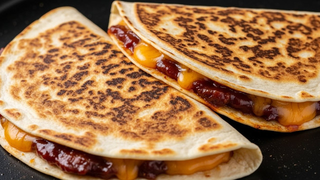 Two folded quesadillas with a golden-brown toasted outer layer, showing dark brown char marks scattered across the tortilla surface, sit on a black pan. The edges reveal melted orange-yellow cheese and dark reddish-brown filling, likely grilled meat or barbecue sauce, oozing out slightly. The texture of the tortillas looks crisp on the outside with a soft, gooey inside. The image gives a close-up view emphasizing the rustic, cooked finish and melted filling layers. photo taken with an iphone --ar 4:5 --v 7