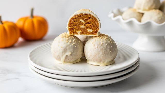 Three round treats are stacked on a white plate with ridges, which sits on top of two more similar plates, all on a white marbled surface. Two treats are whole and covered with a smooth, creamy white coating that looks slightly shiny with small crumbs sprinkled on top. The third treat is cut in half and balanced vertically on one of the whole treats, showing a dense, textured, orange interior with tiny white bits surrounded by the same white coating. In the background, there are two small orange pumpkins out of focus and a white ruffled dish holding more of these white-coated treats. photo taken with an iphone --ar 4:5 --v 7