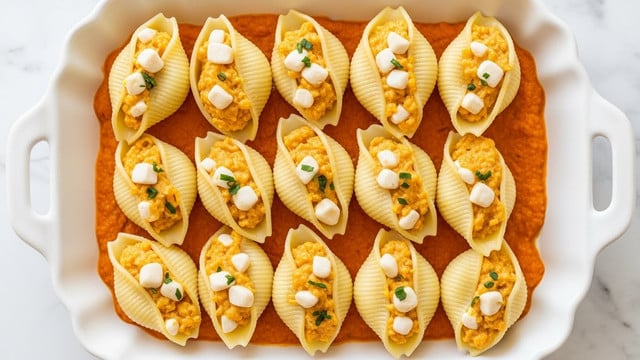 A white scalloped dish holding large pasta shells with a smooth yellow-orange filling mixed with white chunks and small green herb pieces, arranged in three neat rows on a spread layer of orange sauce that covers the bottom of the dish. The shells are pale with subtle ridges, tightly packed and slightly overlapping. The background beneath the dish is a white marbled texture. photo taken with an iphone --ar 4:5 --v 7