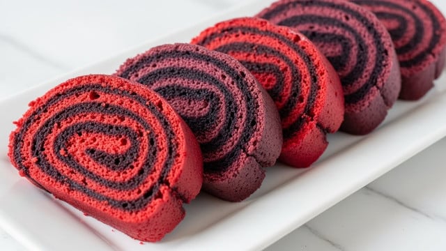 A white rectangular plate holds several slices of a rolled cake, each slice showing many thick layers with swirling patterns. The layers alternate between deep red, almost crimson, and dark purple, which look like rich, moist cake. The texture appears soft with crumbly edges, and the layers are tightly wound to create a spiral effect. The plate is placed on a white marbled surface, adding a clean and elegant background to the vibrant cake slices. photo taken with an iphone --ar 4:5 --v 7