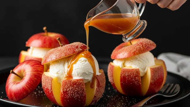 The image shows whole red apples with their tops placed back on, each apple cut into several thick slices that are partly pulled away, revealing a scoop of smooth, white vanilla ice cream nestled inside the core space. The apple slices have a cinnamon-sugar coating, giving them a slightly grainy texture and golden brown color. A woman's hand is holding a small clear glass pitcher, pouring a rich, golden caramel sauce over the ice cream in the front apple, with the sauce slowly dripping down the ice cream and apple slices. The setup is on a black tray with a dark background, creating a strong contrast that highlights the warm caramel, the creamy ice cream, and the shiny red apple skins. Photo taken with an iphone --ar 4:5 --v 7