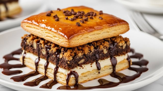 A close-up view of a square pastry with three main layers: the top layer is golden brown, glossy, and flaky with a shiny glaze and small bits sprinkled on top; the middle layer is a mix of crumbly nuts and chocolate pieces, showing a rough texture and dark brown color; the bottom layer is light flaky dough with a creamy white filling that looks soft and smooth; around the pastry, melted chocolate drips onto the white plate below, giving a rich and gooey look, all placed on a white marbled surface with a blurred fork and cup in the background; photo taken with an iphone --ar 4:5 --v 7