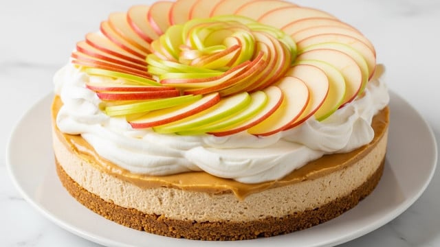 A thick graham cracker crust forms the bottom and sides of this dessert, with a smooth light brown layer of peanut butter filling inside. On top of the peanut butter layer, there is a generous, fluffy white whipped cream layer spread unevenly with visible soft peaks. The top layer is decorated with thinly sliced apple pieces, arranged in a circular, rose-like pattern, showing shades of pale green and red on the edges. The dessert sits on a round white plate placed on a white marbled surface. Photo taken with an iphone --ar 4:5 --v 7