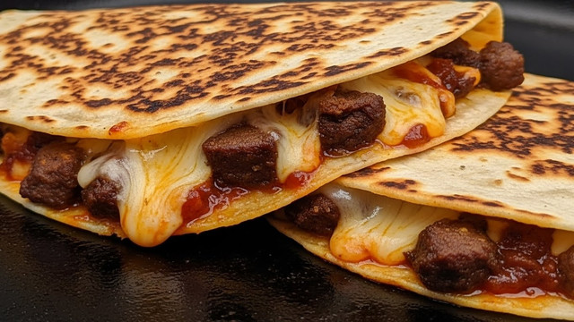 Two folded quesadillas with a golden-brown, slightly charred textured surface sit closely on a black cooking pan. The top layer is a toasted tortilla showing dark brown spots from grilling. Between each folded tortilla is a gooey, melted layer of cheese mixed with dark chunks of cooked meat and a reddish sauce that slightly oozes out at the edges, giving a rich and juicy look. The texture of the filling appears soft and juicy with different shades of yellow, red, and brown visible through the gaps. Photo taken with an iphone --ar 4:5 --v 7