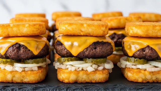 The image shows a stack of mini burgers with three layers each, placed on a black slate surface. Each mini burger has a bottom layer of a crispy golden-brown hash brown square, followed by a layer of white cooked onion and small green pickle slices. On top of this is a dark brown grilled meat patty covered with a smooth layer of melted bright orange cheddar cheese. The top layer is another crispy golden-brown hash brown square. The burgers are arranged closely together, with a blurred white marbled background. Photo taken with an iphone --ar 4:5 --v 7