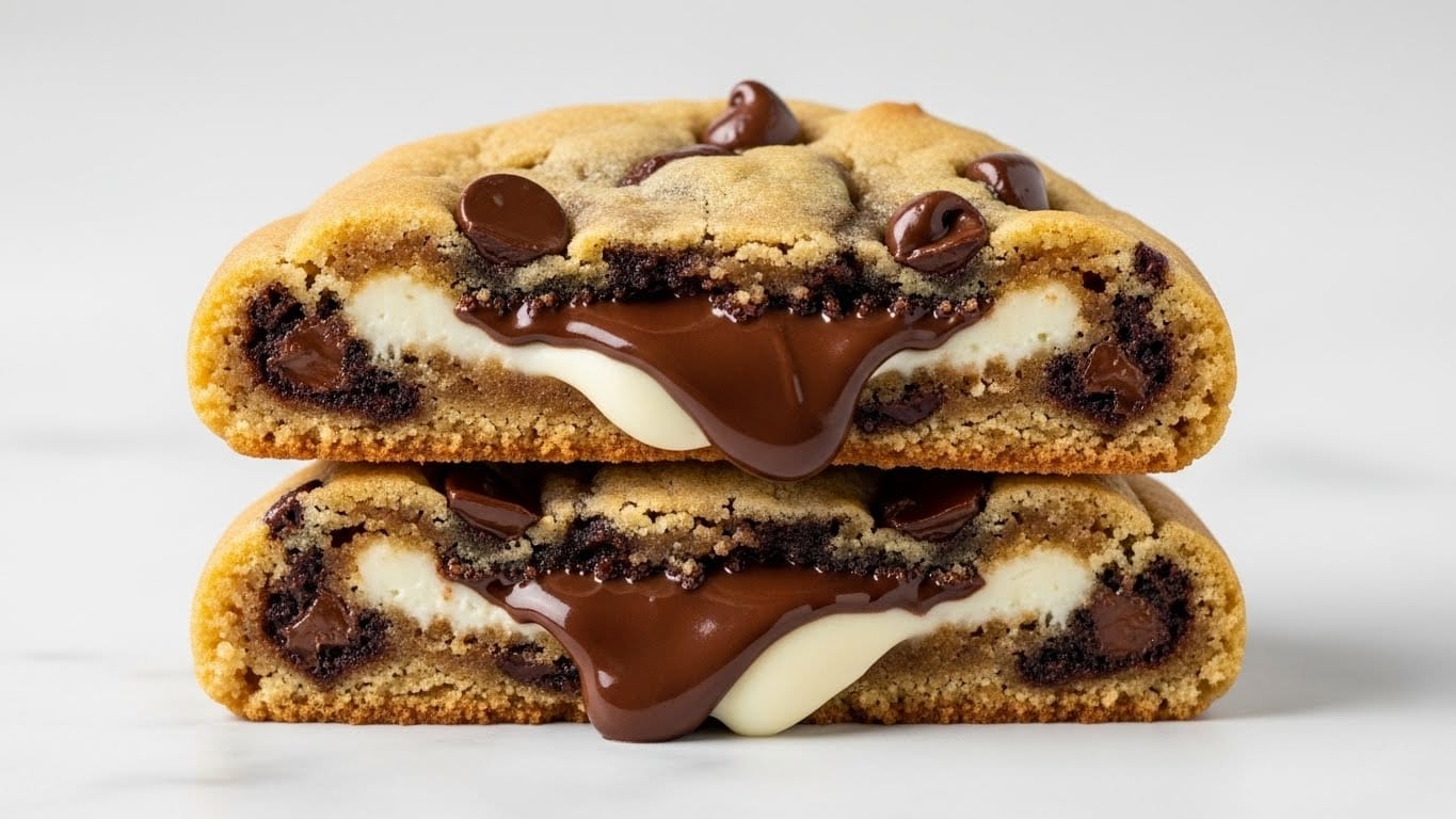 The image shows two thick, soft chocolate chip cookies stacked on top of each other on a white marbled surface. Each cookie is golden brown with visible dark chocolate chips embedded on the surface and inside. The top cookie is broken in half, revealing gooey melted dark chocolate and creamy white filling oozing out between the cookie layers. The cookies have a slightly crispy edge and a chewy texture inside, with the rich melted chocolate center creating a shiny and smooth contrast to the crumbly cookie dough. Photo taken with an iphone --ar 4:5 --v 7