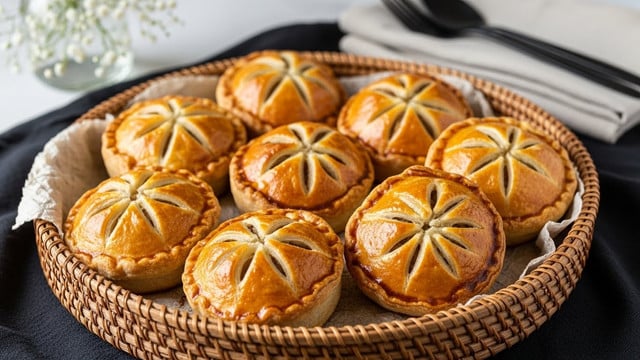 A round woven basket filled with eight baked pastries, each pastry golden brown with shiny, flaky crusts and a crisscross pattern on top. The pastries have a slightly puffed texture with some darker, crispier spots. The basket sits on a dark cloth, with some folded light-colored cloths and black utensils in the background. Soft white flowers in a small glass jar are seen to the left. Photo taken with an iphone --ar 4:5 --v 7