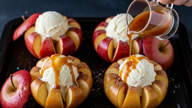 The image shows four baked red apples with their tops sliced off and placed beside them. Each apple is opened like a flower with five thick petal-like sections, revealing a golden, cinnamon-sugar baked interior. In the center of each apple sits a large scoop of creamy, pale yellow vanilla ice cream. A woman's hand is pouring warm, golden caramel sauce from a small clear glass pitcher, with the sauce flowing over the ice cream and drizzling down the apple petals. The apples are on a black baking tray against a dark background. photo taken with an iphone --ar 4:5 --v 7
