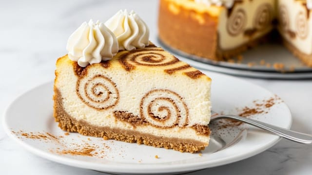 A slice of cheesecake sits on a white plate with a swirl pattern made by cinnamon rolls inside the creamy white-orange cheesecake layer. The bottom layer is a crumbly, light brown crust. The top of the slice has two thick, smooth swirls of white cream, and the top surface shows a speckled cinnamon dust pattern. Some cinnamon powder is also scattered on the plate next to the slice. The background is softly blurred with more cheesecake slices visible, all on a white marbled texture. Photo taken with an iphone --ar 4:5 --v 7