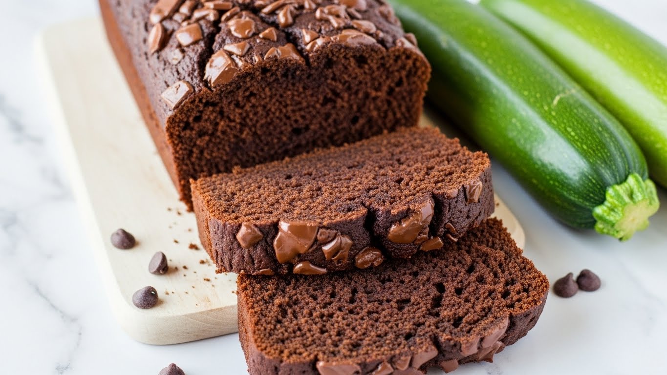 A close-up view of a chocolate loaf cake cut into three thick slices, showing a rich, dark brown color throughout. The top slice has a slightly rough surface with many shiny, melted chocolate chips scattered on top. The two bottom slices reveal a moist, dense texture with bits of chocolate chips embedded inside. The loaf rests on white parchment paper on a white marbled surface, with a small green zucchini piece and part of a vintage silver knife visible on the side. photo taken with an iphone --ar 4:5 --v 7