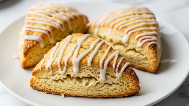 Three triangular scones are arranged on a white plate, each scone showing a golden-brown, slightly crumbly texture with a soft, lighter inside. The scones have a drizzle of white icing that glistens on top, adding a smooth contrast to the rough texture of the baked surface. The plate sits on a white marbled surface, and in the blurry background, there is a white vase filled with soft white flowers and a stack of white plates. Photo taken with an iphone --ar 4:5 --v 7