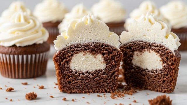 A close-up view of a muffin cut in half revealing its inside layers, with a moist brown cake base forming the bottom and sides, filled with a thick layer of creamy white frosting in the center, topped with a swirl of the same frosting. Behind it, whole muffins with white frosting sit on a white marbled surface, with small crumbs scattered around. The texture of the muffin looks soft and crumbly while the frosting is smooth and fluffy. Photo taken with an iphone --ar 4:5 --v 7
