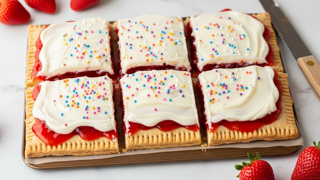 A square tart with three visible layers sits on a white marbled surface. The bottom layer is a golden, slightly crumbly crust. The middle layer is a thick, red strawberry filling that peeks out from the cut slice and edges. The top layer has a white, glossy glaze covered with red, thin diagonal drizzles. Colorful small round sprinkles in pink, yellow, green, white, and blue scatter over the top. In the background, several fresh red strawberries with green leaves lie on the white marbled surface. photo taken with an iphone --ar 4:5 --v 7