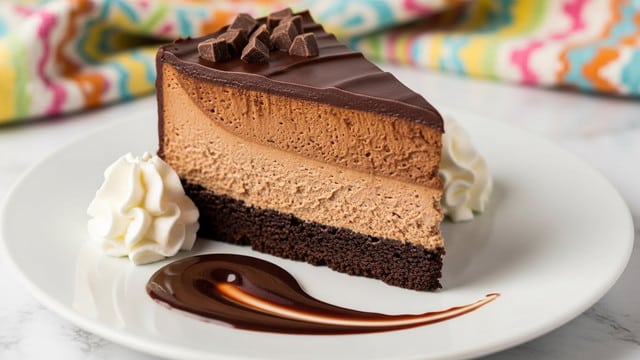 A slice of chocolate mousse cake sits on a white plate with a colorful cloth in the blurred background. The cake has three visible layers: a dark chocolate crumb base, a thick middle layer of smooth milk chocolate mousse, and a top layer of rich dark chocolate ganache with small chocolate chunks on top. Two dollops of white whipped cream flank the slice, and a swirl of shiny chocolate sauce decorates the plate in front of the cake. The surface beneath is white with a marbled texture. Photo taken with an iphone --ar 4:5 --v 7