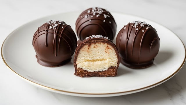 The image shows four chocolate-covered truffles on a white plate with a thin gold rim, placed on a white marbled texture surface. Three truffles are whole, covered with smooth, dark chocolate with a glossy finish, and sprinkled with coarse white sea salt on top. One truffle is cut open, revealing a thick, creamy, off-white filling inside with a slightly crumbly texture, surrounded by a thin, firm chocolate shell that holds the filling. The arrangement is simple and clean, emphasizing the contrast between the dark chocolate and light filling. photo taken with an iphone --ar 4:5 --v 7