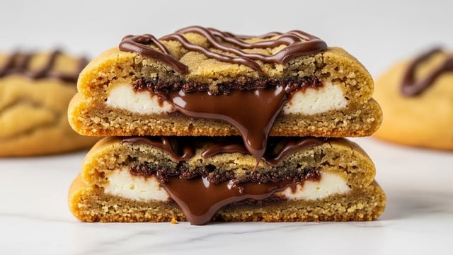 A close-up of two soft cookies stacked on white marbled surface, each cookie with a golden-brown outer layer filled with oozing melted dark chocolate and creamy white filling inside, the top cookie is broken in half to reveal the thick, gooey chocolate and smooth white cream layers beneath its textured, crumbly surface, some chocolate drizzle is visible on top of the cookie. photo taken with an iphone --ar 4:5 --v 7