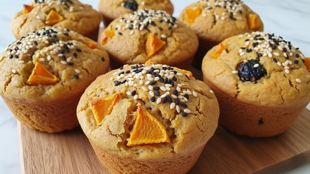 The image shows a close-up view of six golden-brown muffins arranged on a wooden board. Each muffin has a textured, slightly cracked top sprinkled with a mix of black and white sesame seeds. The muffins have a rustic, homemade look with pieces of orange and darker spots visible inside, hinting at added ingredients like fruit or vegetables. The wooden board creates a warm contrast against the white marbled surface in the background, and the focus is on the front muffins with the ones in the back softly blurred. photo taken with an iphone --ar 4:5 --v 7