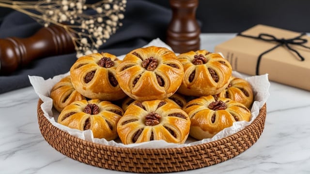 A round wicker basket filled with nine golden-brown pastries arranged in two layers, each pastry shaped like a flower with petal-like folds around the edges and a small cluster of nuts in the center, showing flaky and shiny textures from a glaze. The basket sits on a white marbled surface with a blurred background of a dark cloth, a pepper grinder, delicate dried flowers, and a wrapped book tied with black string. Photo taken with an iphone --ar 4:5 --v 7