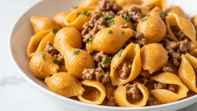 A close-up view of a white shallow bowl filled with pasta shells covered in a creamy, light orange sauce with browned ground meat mixed throughout. The pasta is plump and ridged, sitting evenly across the bowl, and scattered with small bits of fresh green herbs on top. The sauce clings smoothly to the pasta, giving a slight shiny texture. The bowl is placed on a surface with a white marbled texture, and the focus is tight on the dish, highlighting the textures and colors of the creamy sauce and meat mixture. photo taken with an iphone --ar 4:5 --v 7