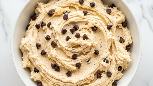 A white bowl filled with a thick, creamy pale yellow mixture that has a slightly rough texture. This mixture is studded generously with small dark brown chocolate chips evenly spread throughout. The dips and peaks in the mixture give it a fluffy, slightly airy appearance, with the chocolate chips standing out sharply against the light base. The bowl sits on a white marbled surface, and the lighting highlights the creamy texture and the rich chocolate bits. photo taken with an iphone --ar 4:5 --v 7