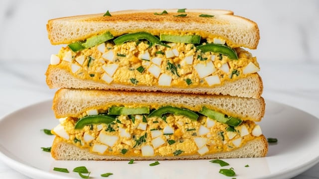 The dish features two layers on a single slice of toasted bread placed at the bottom center of a white plate with small green herb specks around. The first layer is a thick, golden-brown, crispy textured mix of cooked eggs with visible white and orange parts. On top of this, there are three thin, round slices of fresh green jalapeño pepper arranged in the center. The plate rests on a white marbled textured surface. Photo taken with an iphone --ar 4:5 --v 7