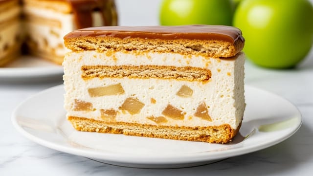 A slice of layered dessert sits on a white plate on a white marbled surface. The dessert has four visible layers: the bottom layer is a crumbly, light brown biscuit base, followed by a thick creamy white custard mixed with small bits of light brown fruit or filling. Above that is another thin biscuit layer, topped again with creamy white filling. The top layer is a smooth, glossy caramel brown glaze that covers the entire slice. In the background, there are blurred green apples adding a fresh contrast to the dessert. Photo taken with an iphone --ar 4:5 --v 7