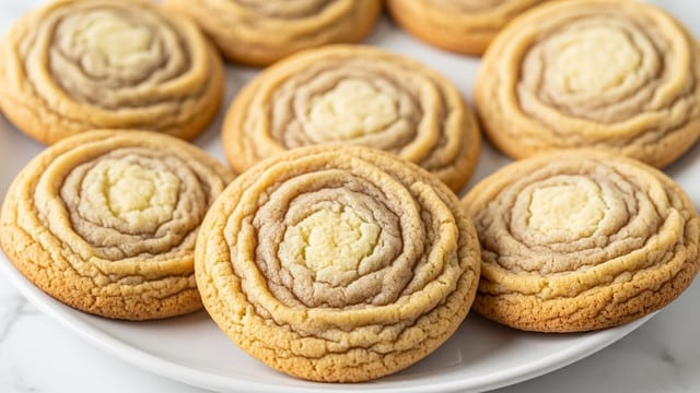 A white plate holds a pile of soft, round cookies with a cracked surface. The cookies are light brown with a sugary coating giving them a sparkling texture, and they slightly overlap each other, showing their fluffy texture and slightly uneven edges. The white marbled surface can be seen faintly around the plate's edges. photo taken with an iphone --ar 4:5 --v 7