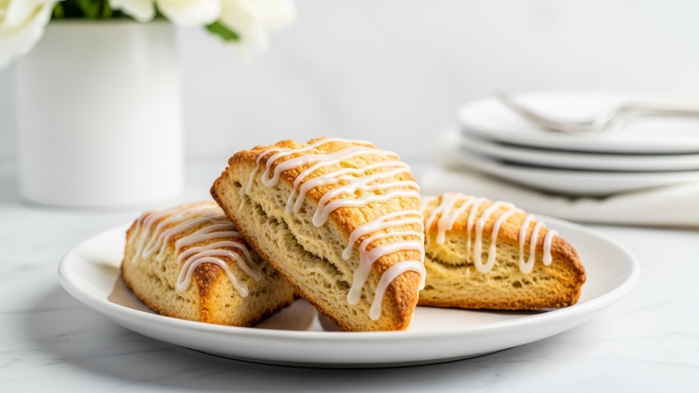 Three golden-brown triangular scones sit on a white plate, each with a slightly rough and crumbly texture showing layers of baked dough. The tops are generously drizzled with a shiny, white glaze that contrasts with the warm tones of the scones. The edges have a light crispiness with some darker baked spots, and the glaze has thin, uneven lines running across, adding a glossy finish. The plate is set on a white marbled surface with a soft, blurred background. photo taken with an iphone --ar 4:5 --v 7