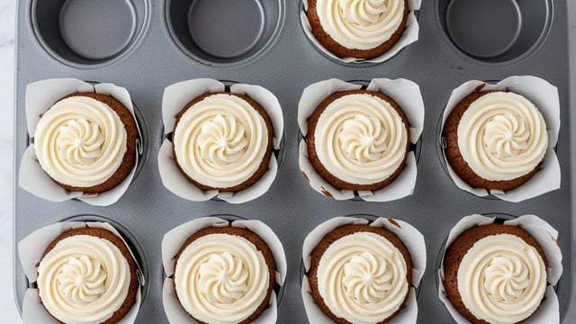 Nine brown cupcakes with a golden texture sit evenly in a gray metal muffin tray, each topped with a thick layer of smooth white frosting spread in a circular swirl pattern. The cupcakes are inside white paper liners that have crinkled edges, contrasting with the warm color of the cupcakes and the soft creamy frosting on top. The background is a bright white marbled texture, making the cupcakes the main focus of the image. photo taken with an iphone --ar 4:5 --v 7