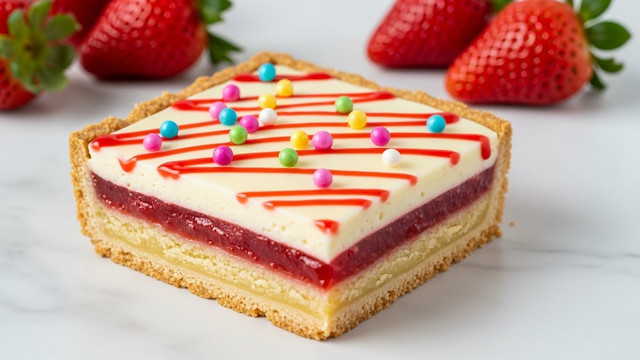 A square pie is cut into six equal large pieces, each piece showing three main layers: a thick, golden-brown, flaky crust as the bottom and edge, a middle layer of bright, glossy red strawberry filling peeking through the edges, and a top layer of smooth white icing evenly spread. The icing is decorated with colorful tiny round sprinkles scattered all over each piece. The pie rests on a brown baking tray placed on a white marbled surface with fresh bright red strawberries scattered around and a knife with a wooden handle to the side. Photo taken with an iphone --ar 4:5 --v 7